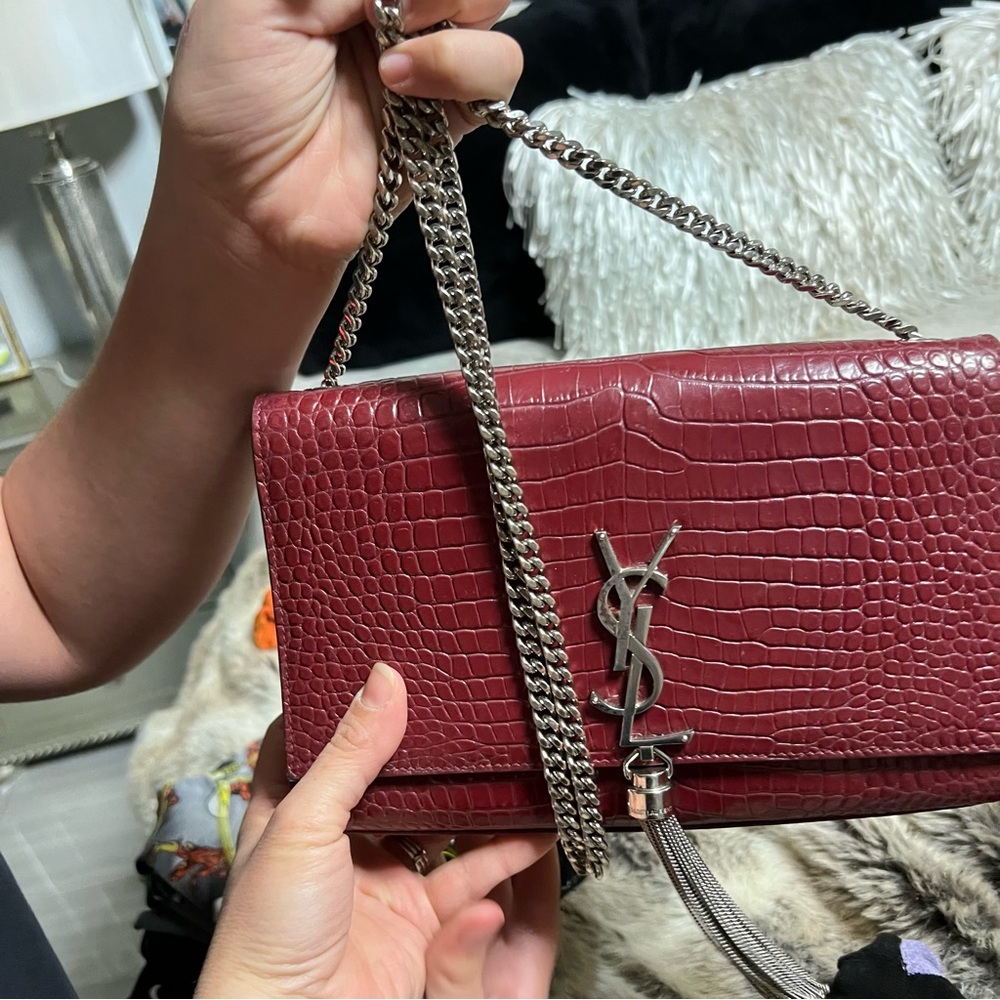 YSL Medium Monogram Kate Tassel crocodile embossed bag